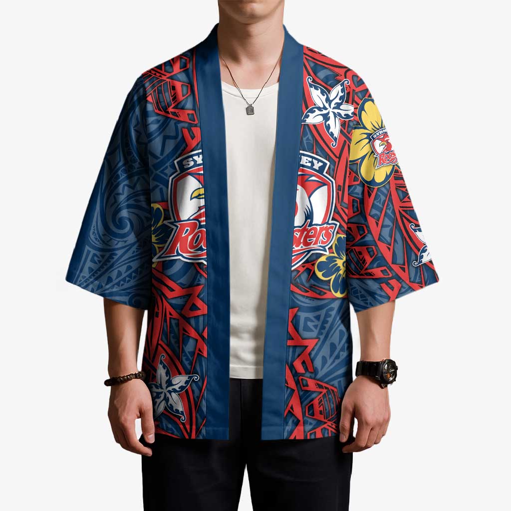 Personalised Sydney Roosters Kimono Polynesian Tribal Pattern With Rugby Rooster Mascot Art