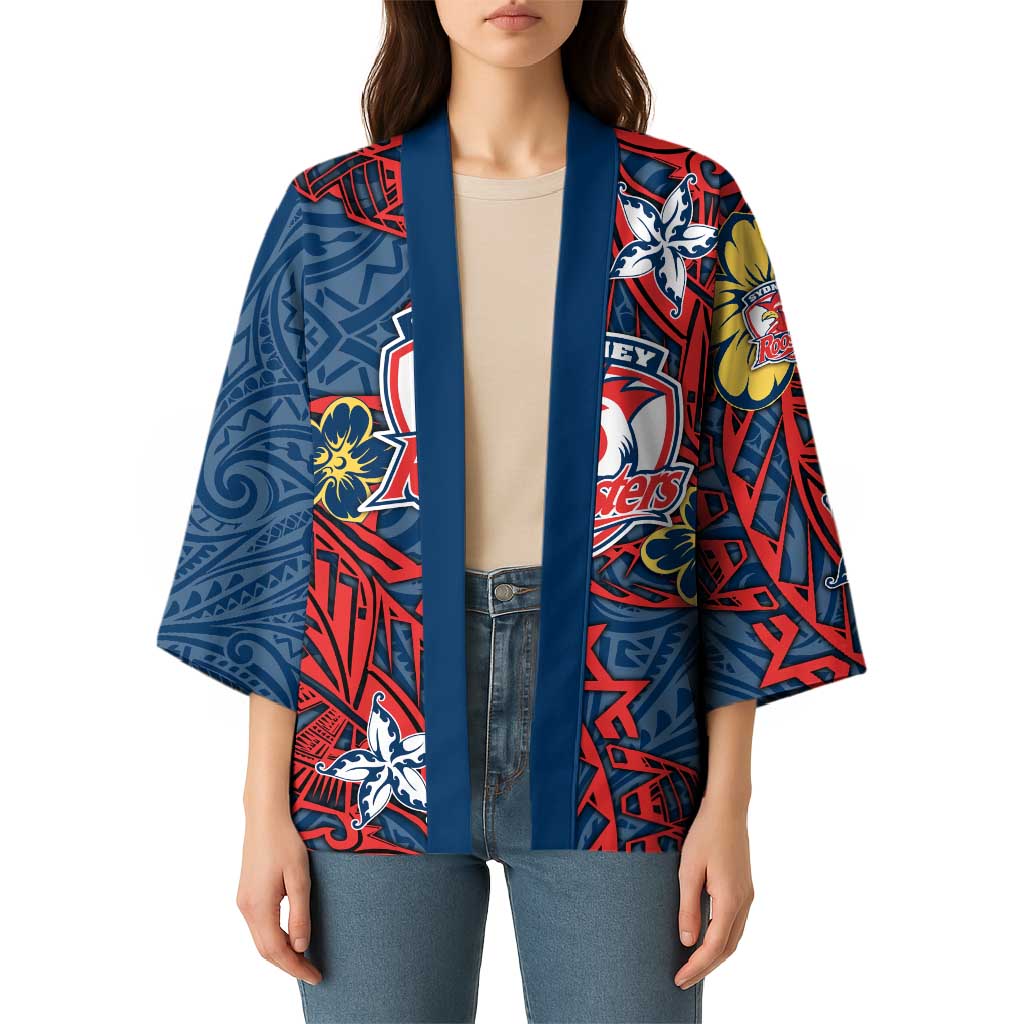 Personalised Sydney Roosters Kimono Polynesian Tribal Pattern With Rugby Rooster Mascot Art