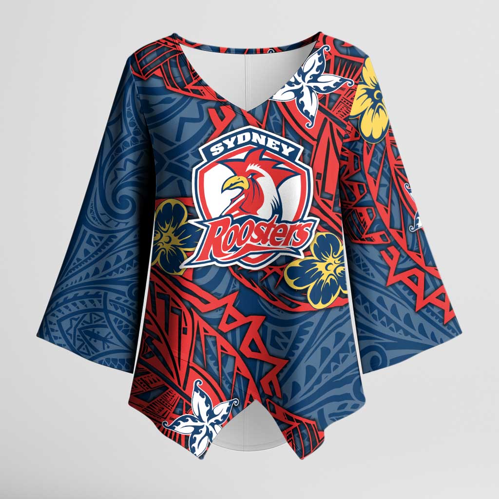 Personalised Sydney Roosters Kimono Sleeve Blouse Polynesian Tribal Pattern With Rugby Rooster Mascot Art