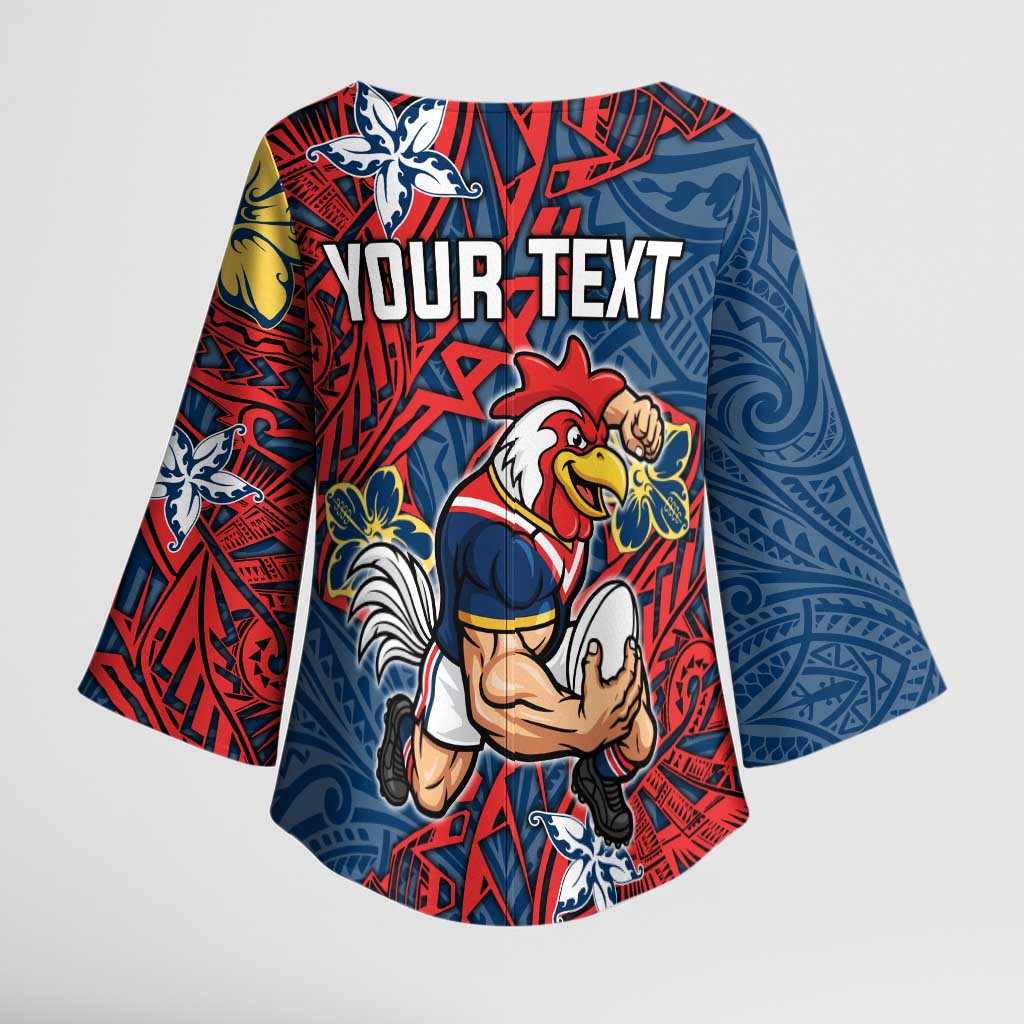 Personalised Sydney Roosters Kimono Sleeve Blouse Polynesian Tribal Pattern With Rugby Rooster Mascot Art