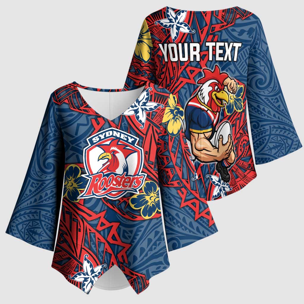 Personalised Sydney Roosters Kimono Sleeve Blouse Polynesian Tribal Pattern With Rugby Rooster Mascot Art
