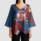 Personalised Sydney Roosters Kimono Sleeve Blouse Polynesian Tribal Pattern With Rugby Rooster Mascot Art