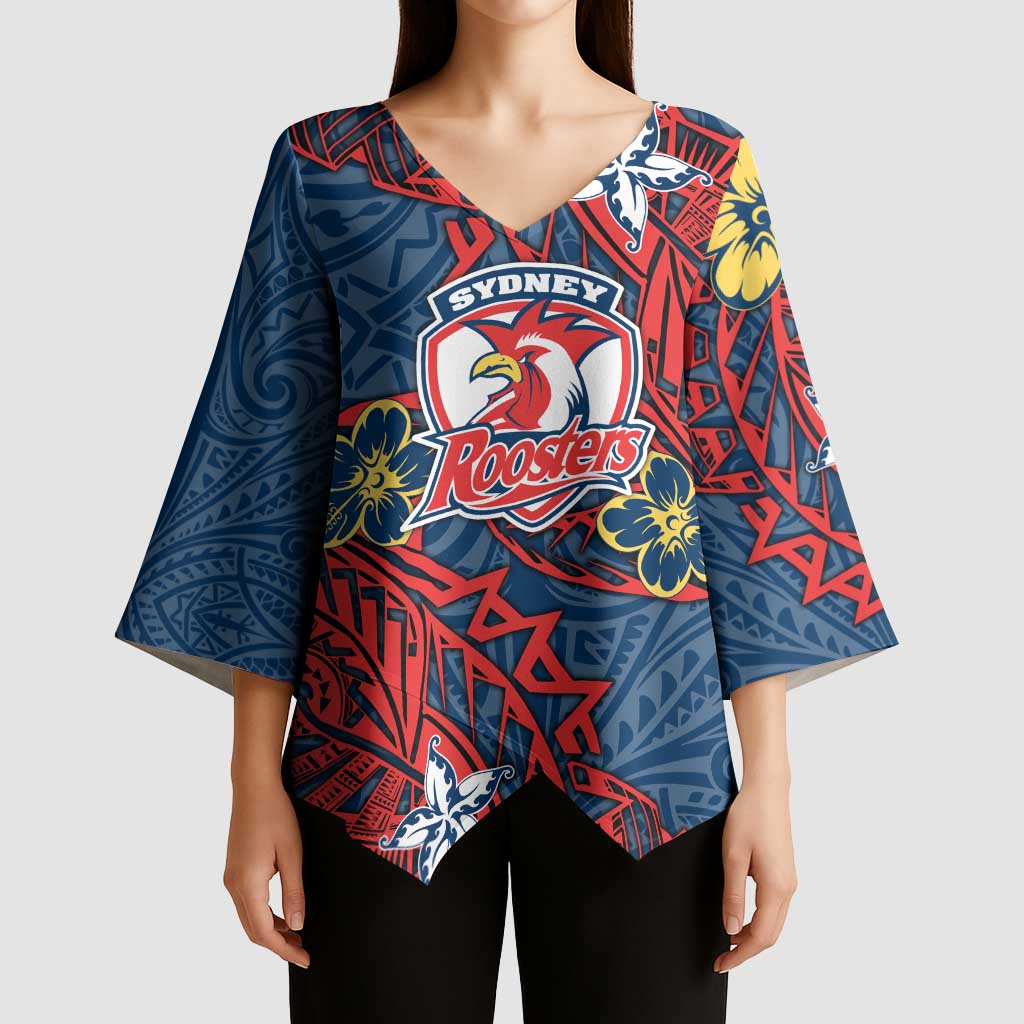Personalised Sydney Roosters Kimono Sleeve Blouse Polynesian Tribal Pattern With Rugby Rooster Mascot Art