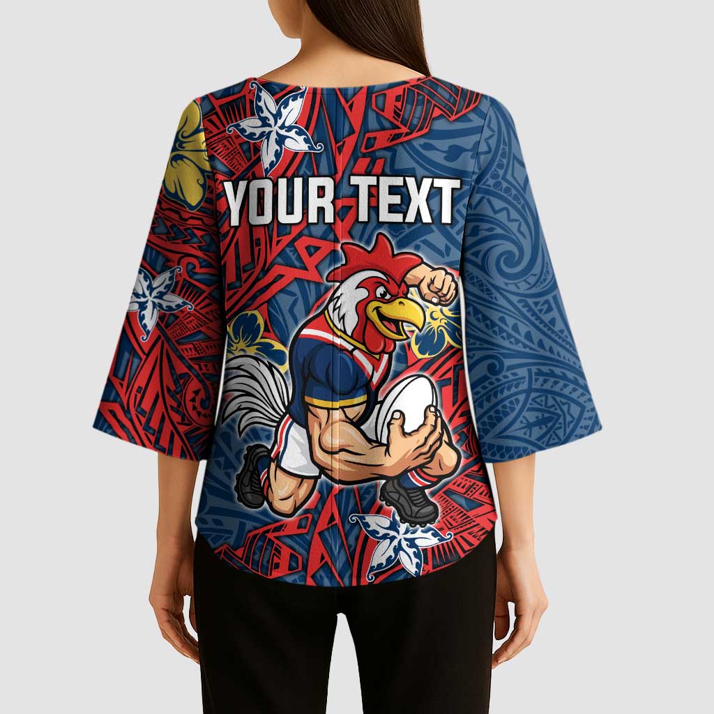 Personalised Sydney Roosters Kimono Sleeve Blouse Polynesian Tribal Pattern With Rugby Rooster Mascot Art