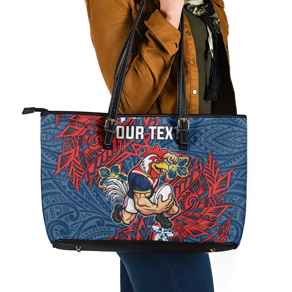 Personalised Sydney Roosters Leather Tote Bag Polynesian Tribal Pattern With Rugby Rooster Mascot Art