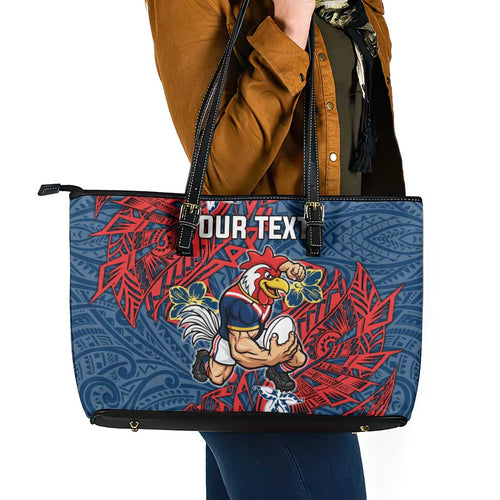 Personalised Sydney Roosters Leather Tote Bag Polynesian Tribal Pattern With Rugby Rooster Mascot Art