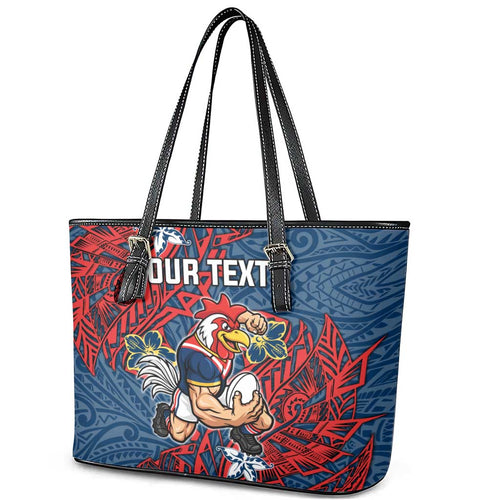 Personalised Sydney Roosters Leather Tote Bag Polynesian Tribal Pattern With Rugby Rooster Mascot Art