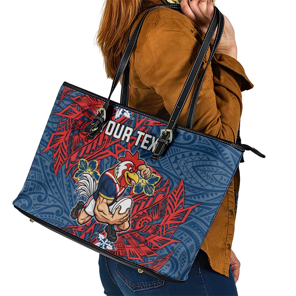 Personalised Sydney Roosters Leather Tote Bag Polynesian Tribal Pattern With Rugby Rooster Mascot Art