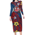 Personalised Sydney Roosters Long Sleeve Bodycon Dress Polynesian Tribal Pattern With Rugby Rooster Mascot Art