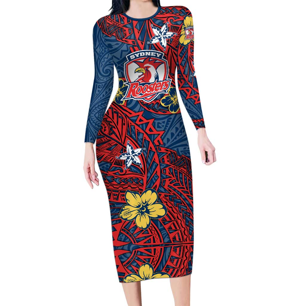 Personalised Sydney Roosters Long Sleeve Bodycon Dress Polynesian Tribal Pattern With Rugby Rooster Mascot Art