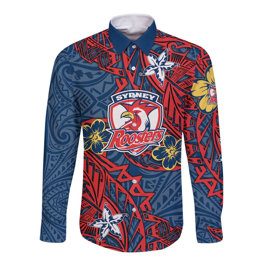 Personalised Sydney Roosters Long Sleeve Button Shirt Polynesian Tribal Pattern With Rugby Rooster Mascot Art