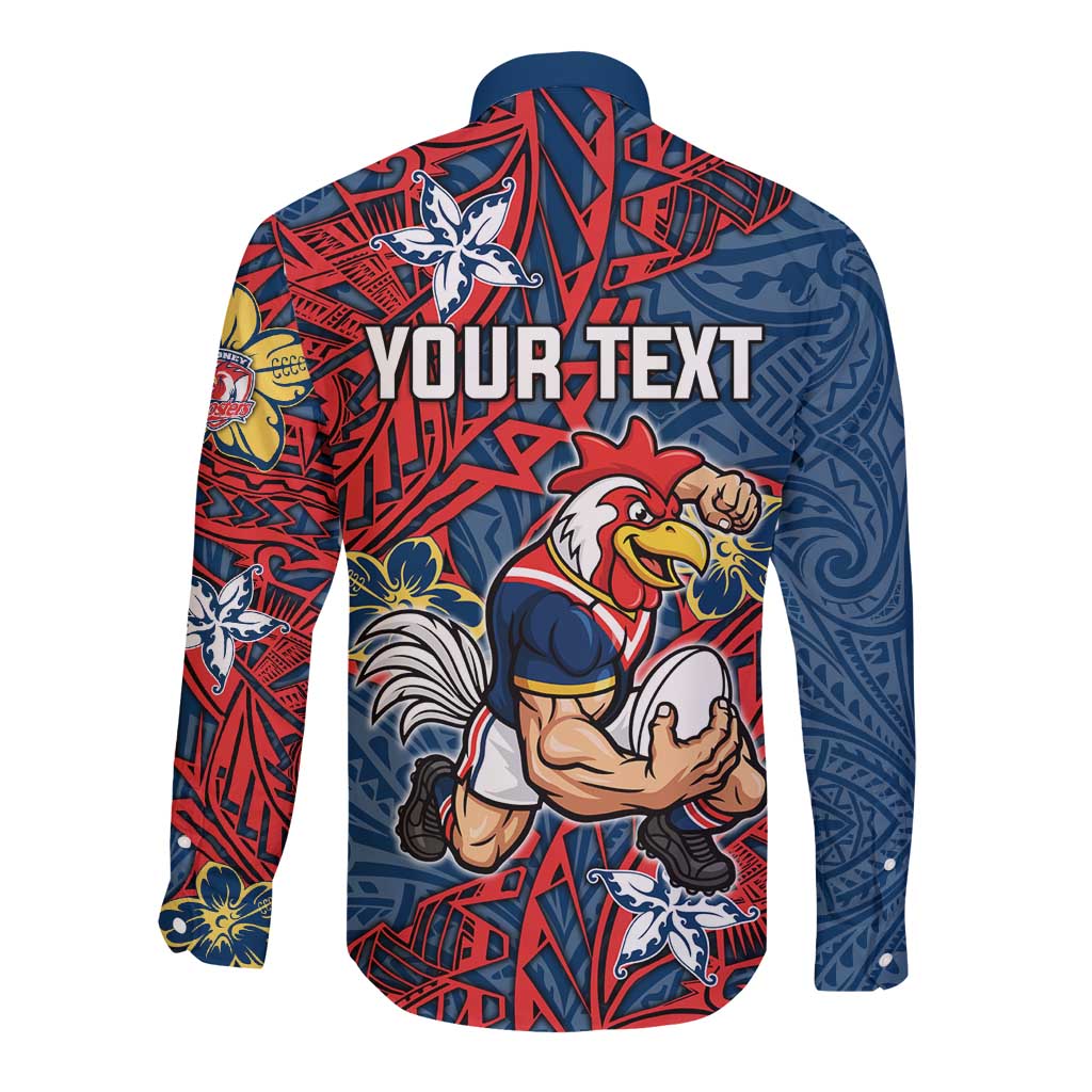 Personalised Sydney Roosters Long Sleeve Button Shirt Polynesian Tribal Pattern With Rugby Rooster Mascot Art