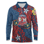 Personalised Sydney Roosters Long Sleeve Polo Shirt Polynesian Tribal Pattern With Rugby Rooster Mascot Art