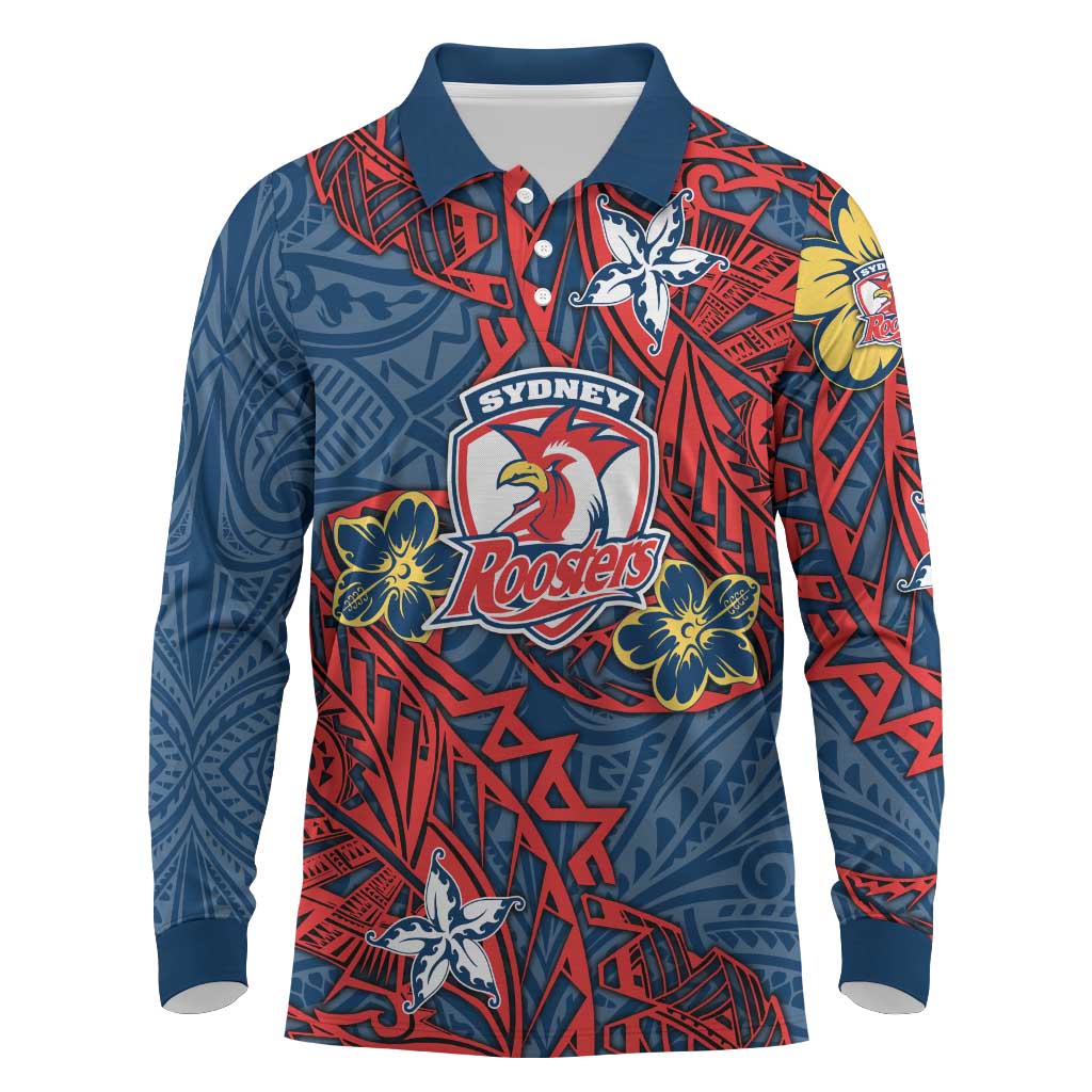 Personalised Sydney Roosters Long Sleeve Polo Shirt Polynesian Tribal Pattern With Rugby Rooster Mascot Art