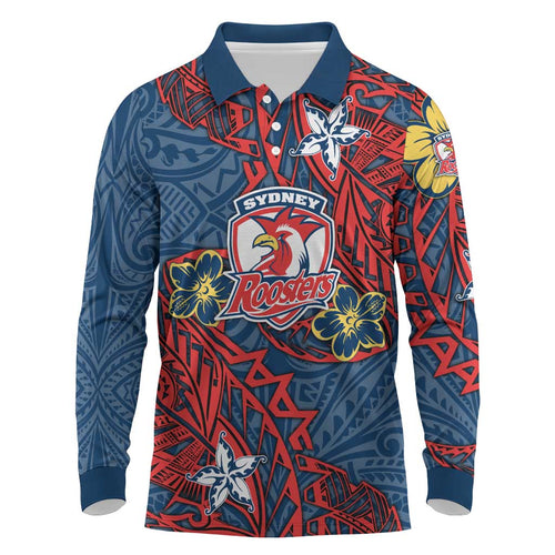 Personalised Sydney Roosters Long Sleeve Polo Shirt Polynesian Tribal Pattern With Rugby Rooster Mascot Art