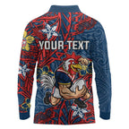 Personalised Sydney Roosters Long Sleeve Polo Shirt Polynesian Tribal Pattern With Rugby Rooster Mascot Art