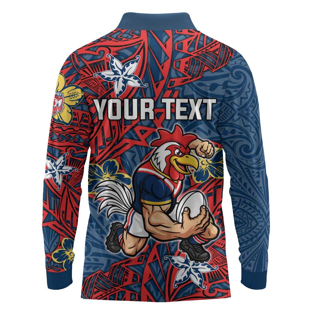 Personalised Sydney Roosters Long Sleeve Polo Shirt Polynesian Tribal Pattern With Rugby Rooster Mascot Art