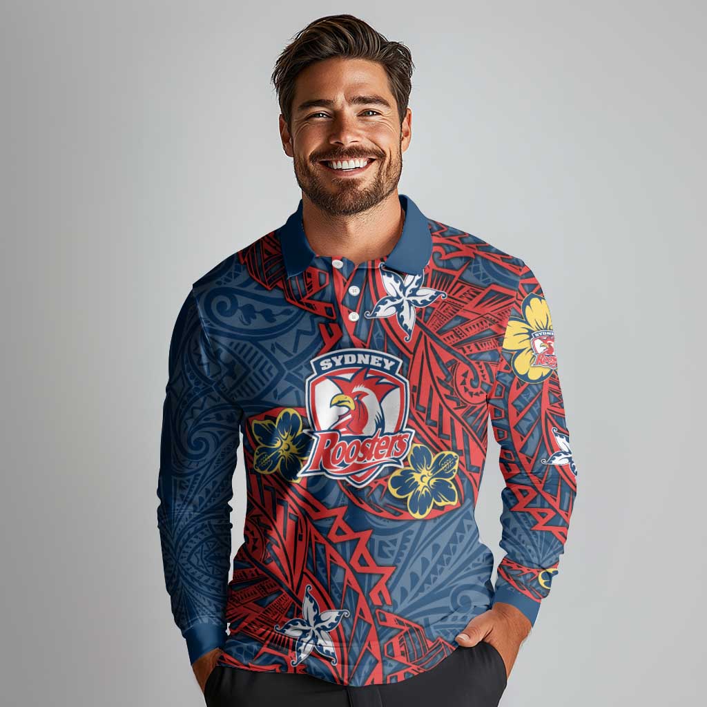 Personalised Sydney Roosters Long Sleeve Polo Shirt Polynesian Tribal Pattern With Rugby Rooster Mascot Art