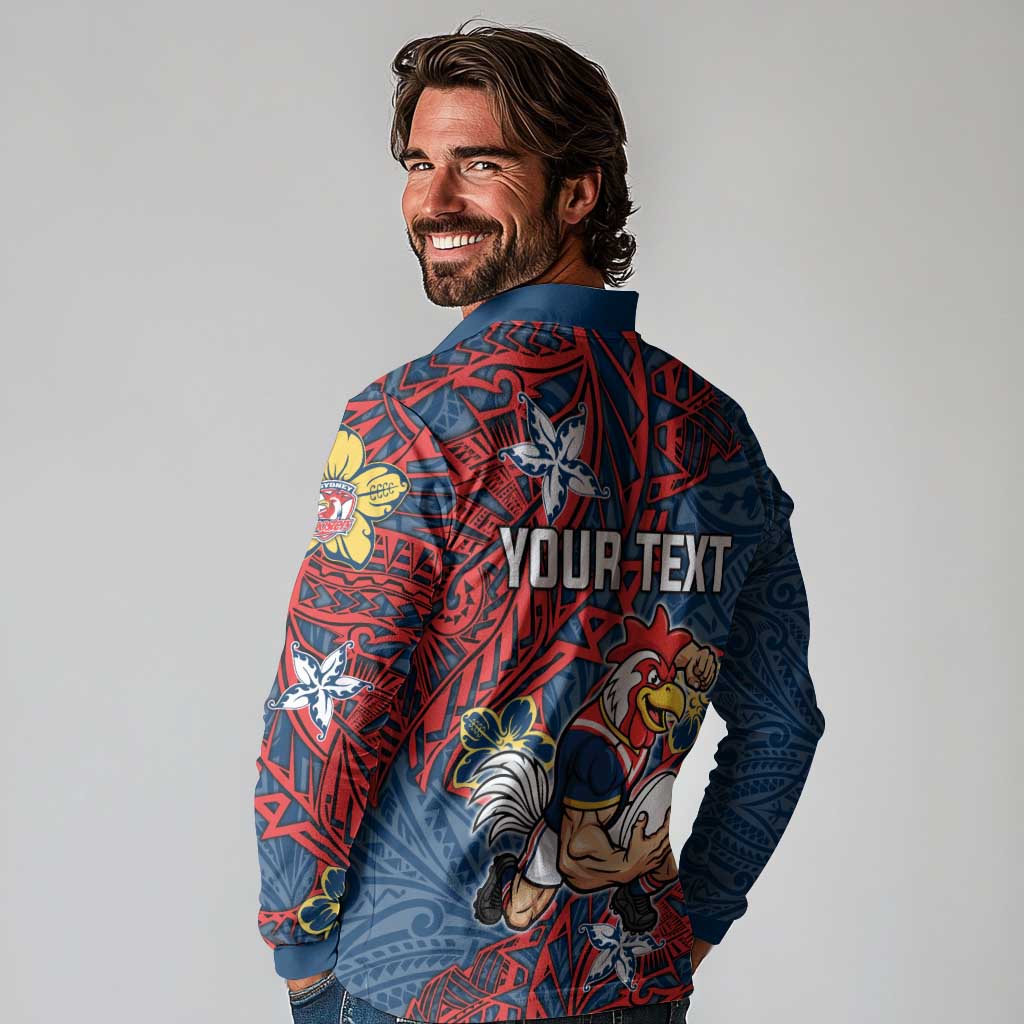 Personalised Sydney Roosters Long Sleeve Polo Shirt Polynesian Tribal Pattern With Rugby Rooster Mascot Art