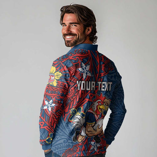 Personalised Sydney Roosters Long Sleeve Polo Shirt Polynesian Tribal Pattern With Rugby Rooster Mascot Art