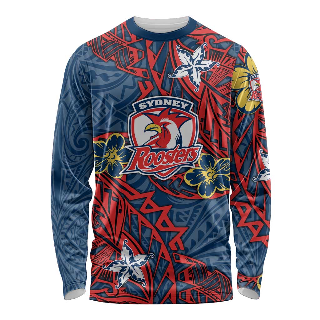 Personalised Sydney Roosters Long Sleeve Shirt Polynesian Tribal Pattern With Rugby Rooster Mascot Art