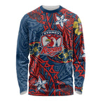 Personalised Sydney Roosters Long Sleeve Shirt Polynesian Tribal Pattern With Rugby Rooster Mascot Art