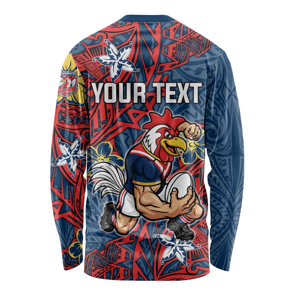 Personalised Sydney Roosters Long Sleeve Shirt Polynesian Tribal Pattern With Rugby Rooster Mascot Art