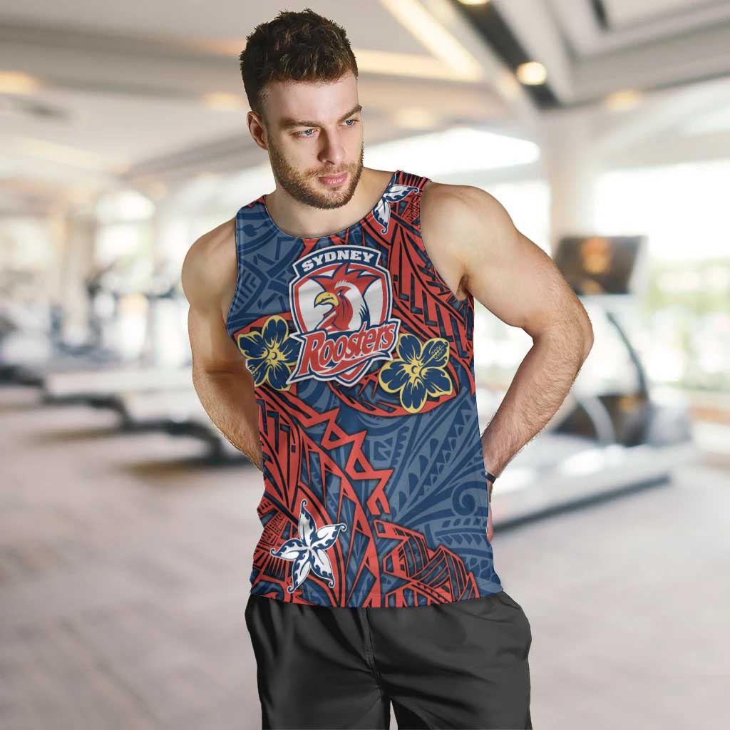 Personalised Sydney Roosters Men Tank Top Polynesian Tribal Pattern With Rugby Rooster Mascot Art