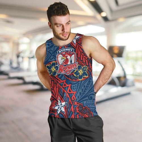 Personalised Sydney Roosters Men Tank Top Polynesian Tribal Pattern With Rugby Rooster Mascot Art