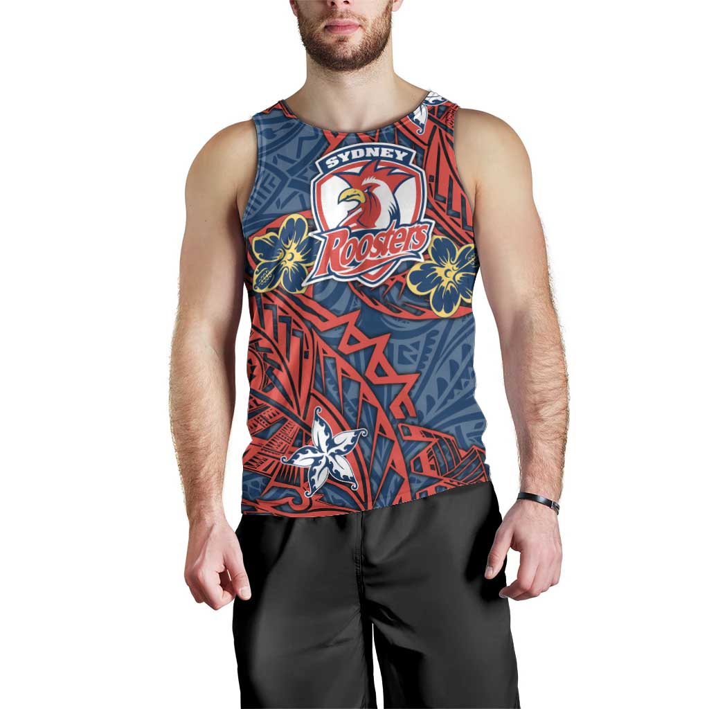 Personalised Sydney Roosters Men Tank Top Polynesian Tribal Pattern With Rugby Rooster Mascot Art