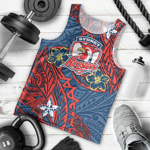 Personalised Sydney Roosters Men Tank Top Polynesian Tribal Pattern With Rugby Rooster Mascot Art