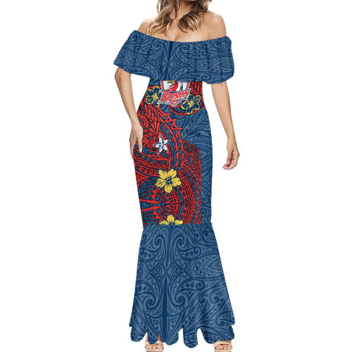 Personalised Sydney Roosters Mermaid Dress Polynesian Tribal Pattern With Rugby Rooster Mascot Art
