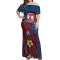 Personalised Sydney Roosters Off Shoulder Maxi Dress Polynesian Tribal Pattern With Rugby Rooster Mascot Art