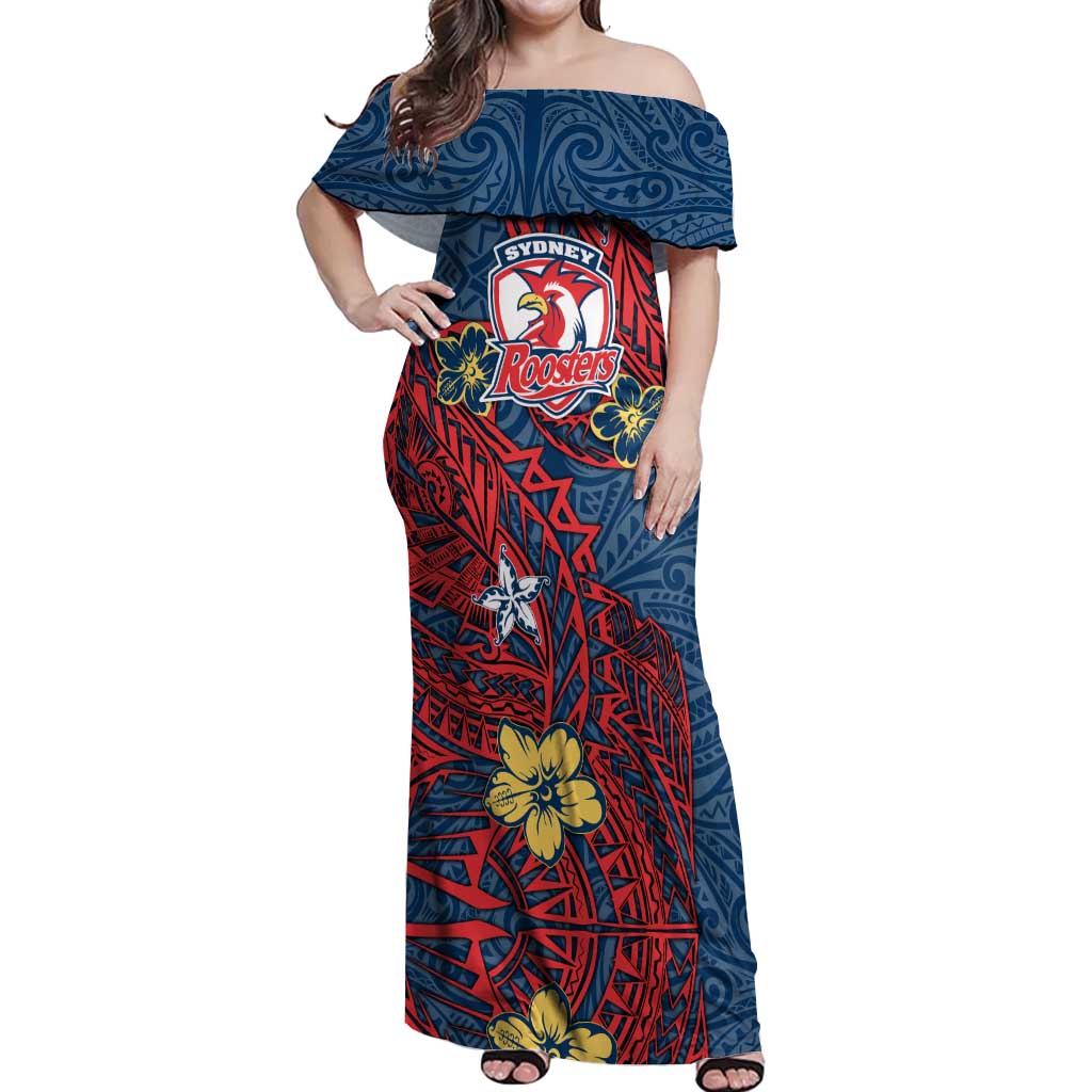 Personalised Sydney Roosters Off Shoulder Maxi Dress Polynesian Tribal Pattern With Rugby Rooster Mascot Art