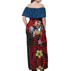 Personalised Sydney Roosters Off Shoulder Maxi Dress Polynesian Tribal Pattern With Rugby Rooster Mascot Art