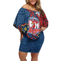 Personalised Sydney Roosters Off Shoulder Short Dress Polynesian Tribal Pattern With Rugby Rooster Mascot Art
