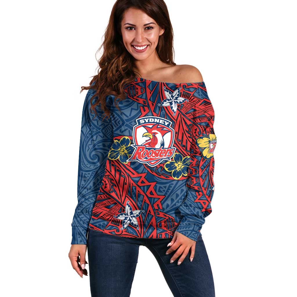 Personalised Sydney Roosters Off Shoulder Sweater Polynesian Tribal Pattern With Rugby Rooster Mascot Art