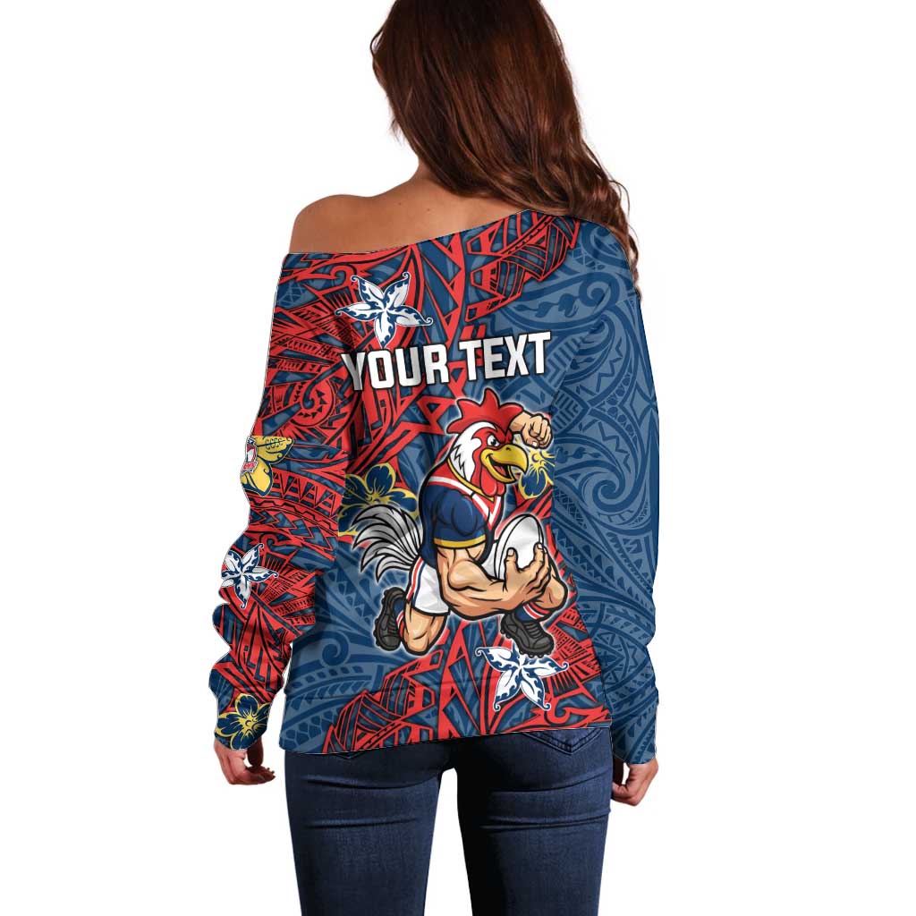 Personalised Sydney Roosters Off Shoulder Sweater Polynesian Tribal Pattern With Rugby Rooster Mascot Art