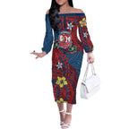 Personalised Sydney Roosters Off The Shoulder Long Sleeve Dress Polynesian Tribal Pattern With Rugby Rooster Mascot Art