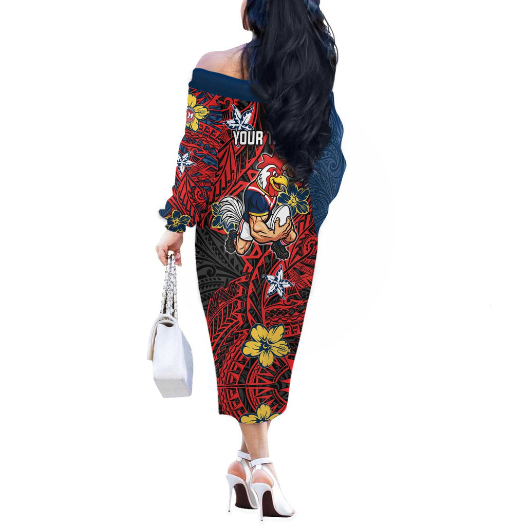 Personalised Sydney Roosters Off The Shoulder Long Sleeve Dress Polynesian Tribal Pattern With Rugby Rooster Mascot Art