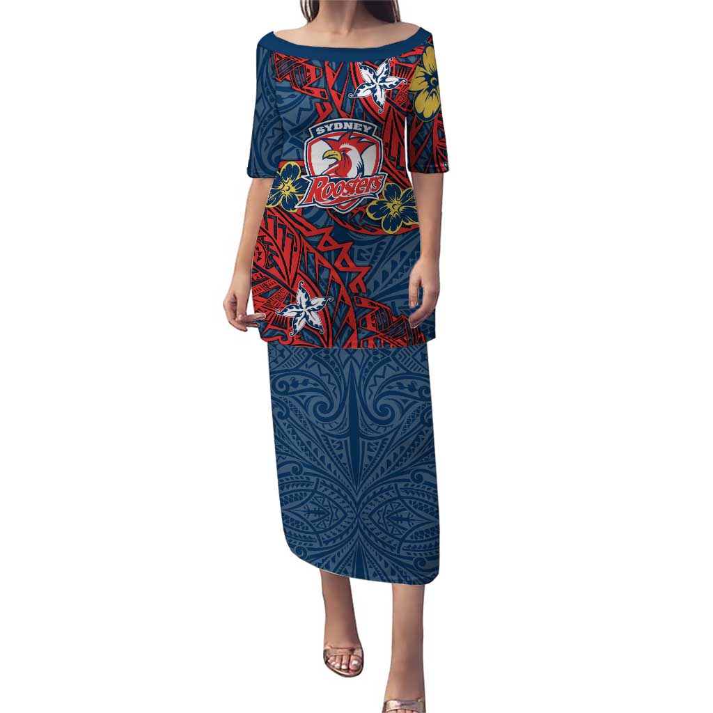 Personalised Sydney Roosters Puletasi Polynesian Tribal Pattern With Rugby Rooster Mascot Art