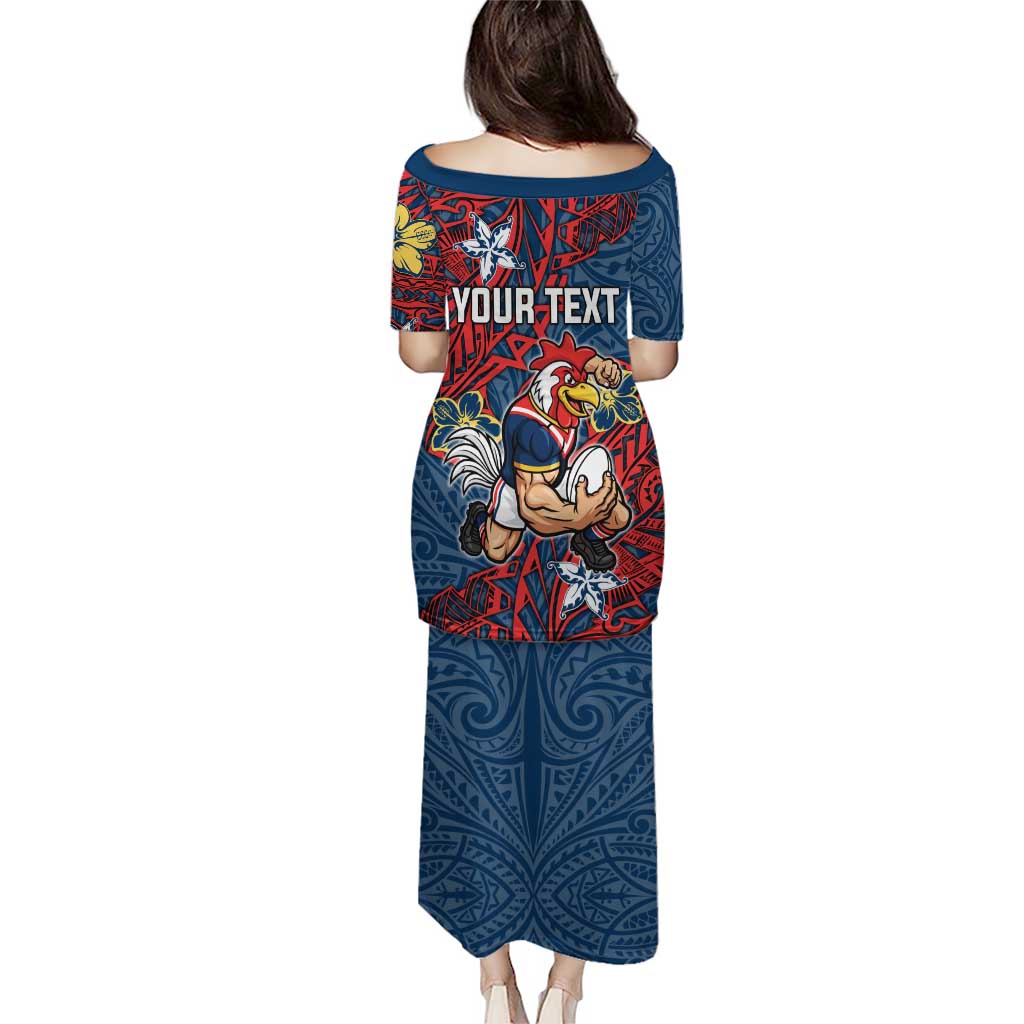 Personalised Sydney Roosters Puletasi Polynesian Tribal Pattern With Rugby Rooster Mascot Art