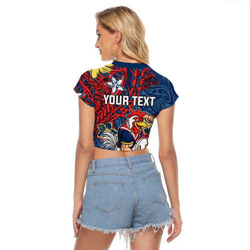 Personalised Sydney Roosters Raglan Cropped T Shirt Polynesian Tribal Pattern With Rugby Rooster Mascot Art