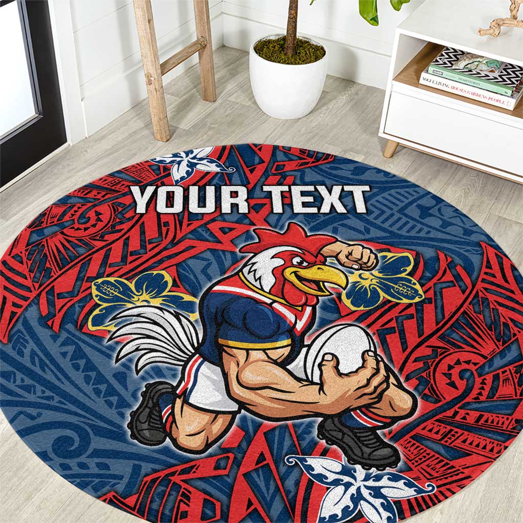 Personalised Sydney Roosters Round Carpet Polynesian Tribal Pattern With Rugby Rooster Mascot Art