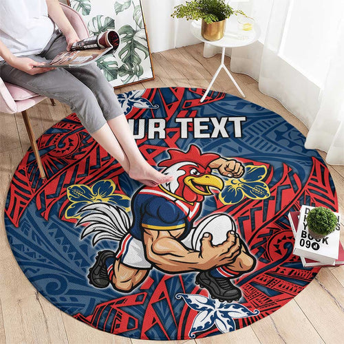 Personalised Sydney Roosters Round Carpet Polynesian Tribal Pattern With Rugby Rooster Mascot Art