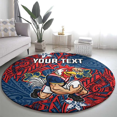 Personalised Sydney Roosters Round Carpet Polynesian Tribal Pattern With Rugby Rooster Mascot Art
