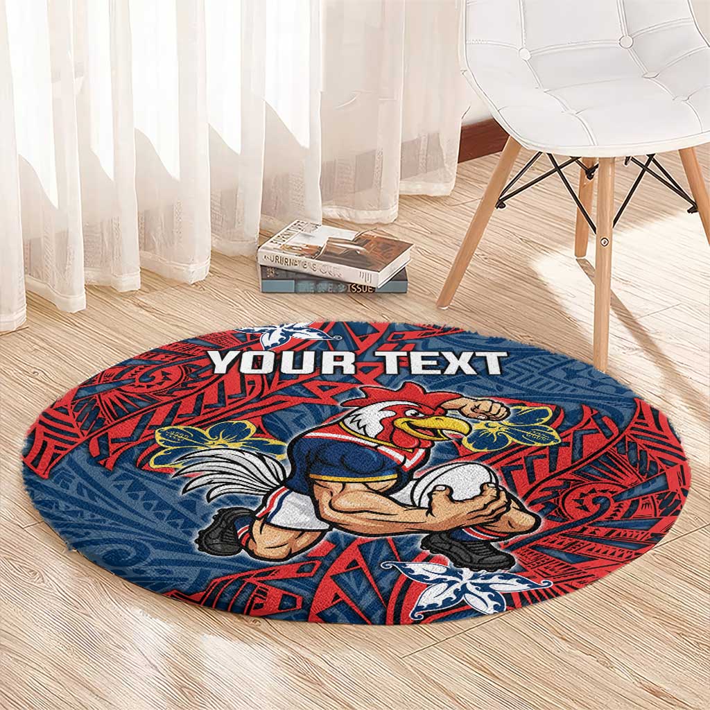 Personalised Sydney Roosters Round Carpet Polynesian Tribal Pattern With Rugby Rooster Mascot Art