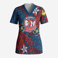 Personalised Sydney Roosters Scrub Top Polynesian Tribal Pattern With Rugby Rooster Mascot Art
