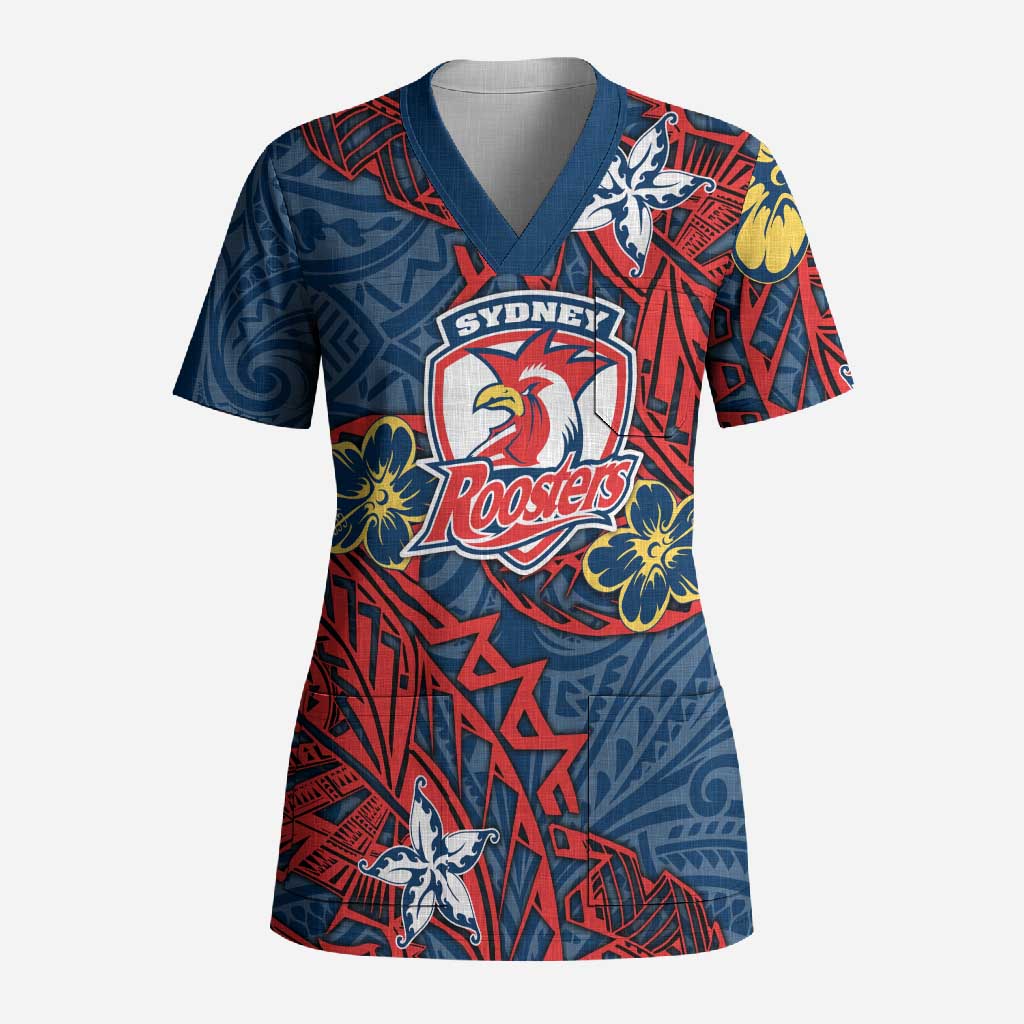 Personalised Sydney Roosters Scrub Top Polynesian Tribal Pattern With Rugby Rooster Mascot Art