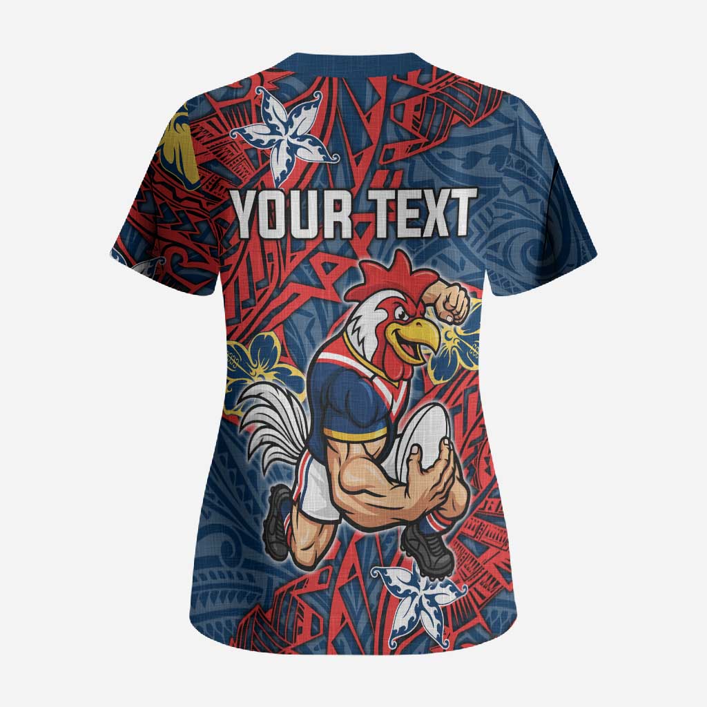Personalised Sydney Roosters Scrub Top Polynesian Tribal Pattern With Rugby Rooster Mascot Art